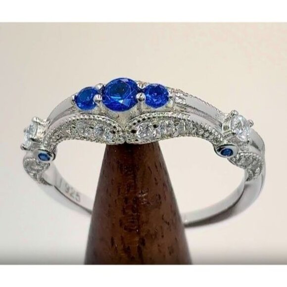 925 STERLING SILVER Antique Style Blue Spinel Cubic Zirconia Filigree Ring - Picture 16 of 16